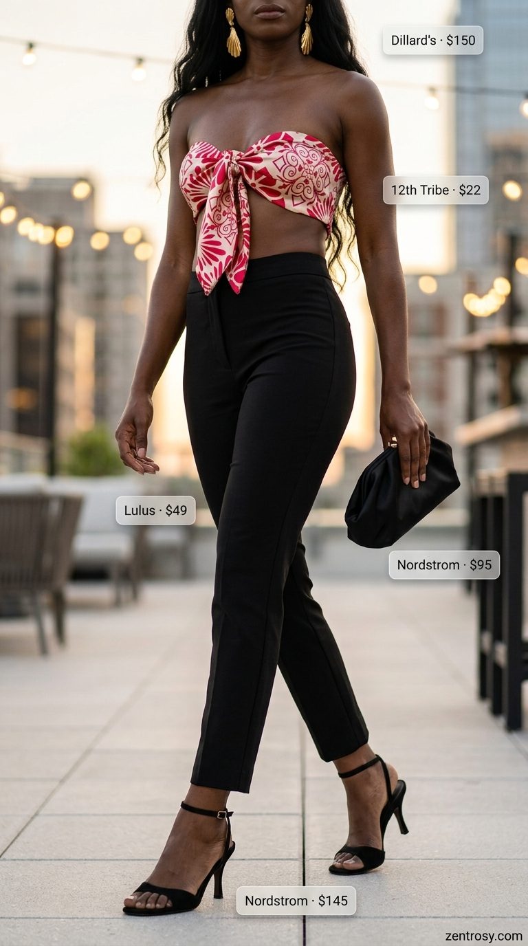 Bold statement bandeau top for women 2026, paired with black trousers and gold earrings for a glam evening out.