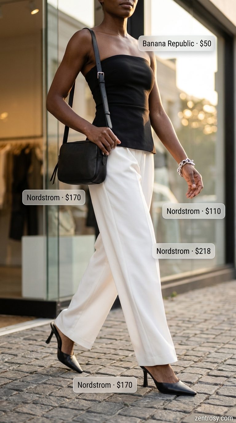 Chic black bandeau top for women 2026, paired with wide-leg trousers and mules for city summer style.