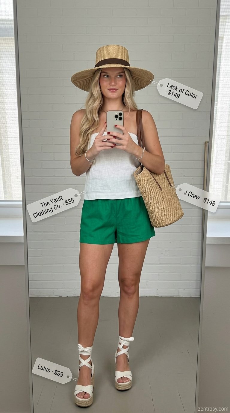 Mint green linen bandeau top and shorts set for women 2026, perfect for beach vacations and summer brunches.