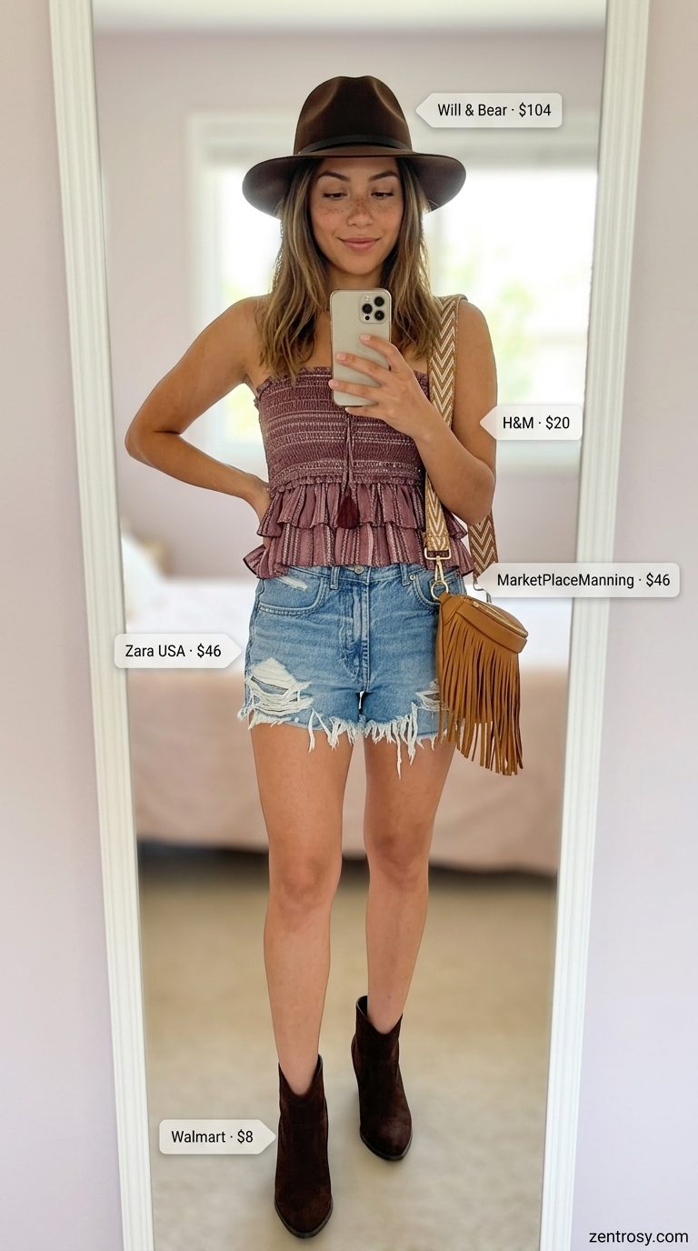 Playful printed bandeau top for women 2026, with denim shorts and ankle boots for summer festival vibes.