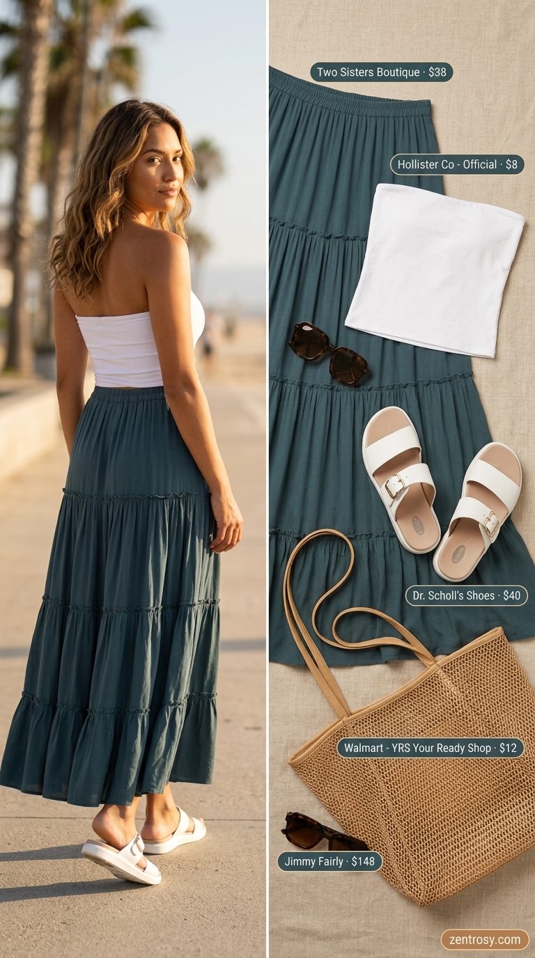 White bandeau top with a teal maxi skirt for women 2026, perfect for poolside chic and beach days.
