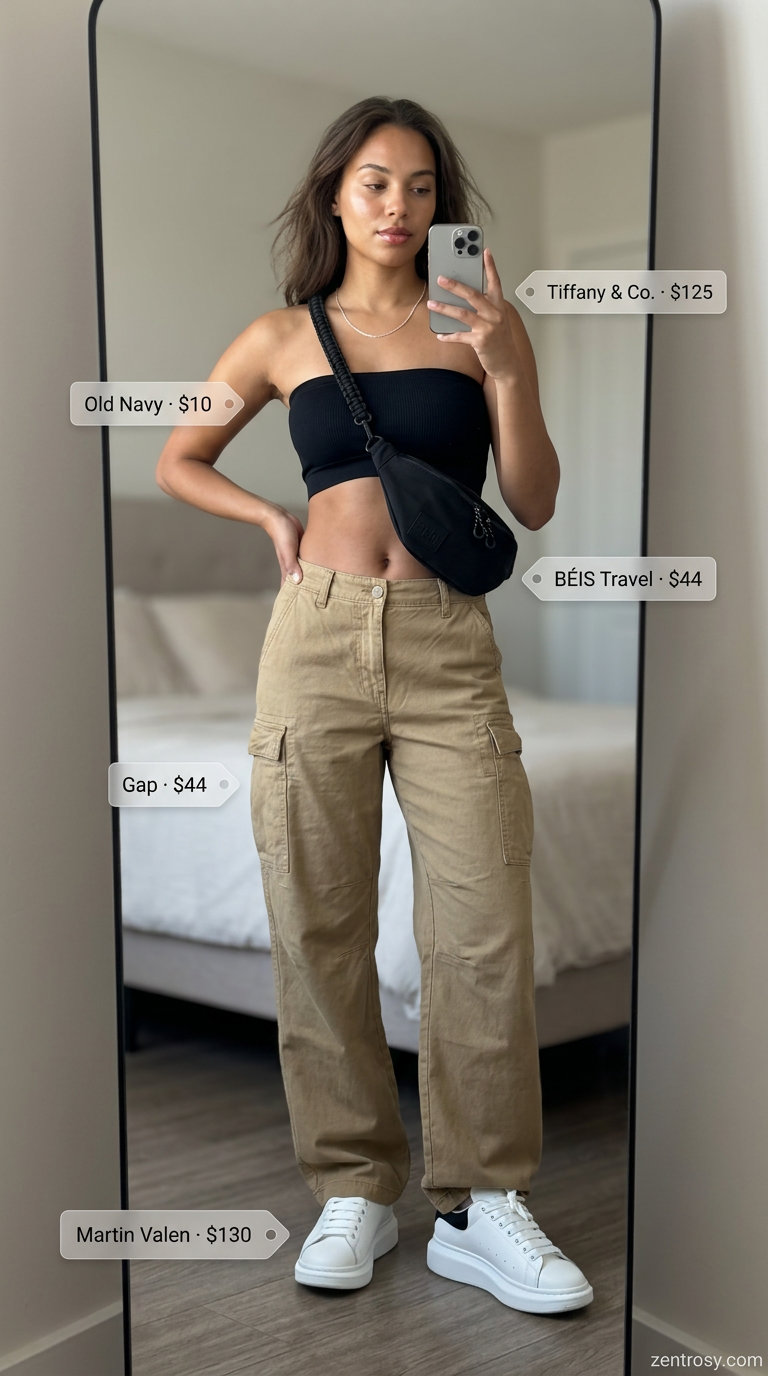Khaki cargo pants and black bandeau top for women 2026, with platform sneakers for a streetwear look.
