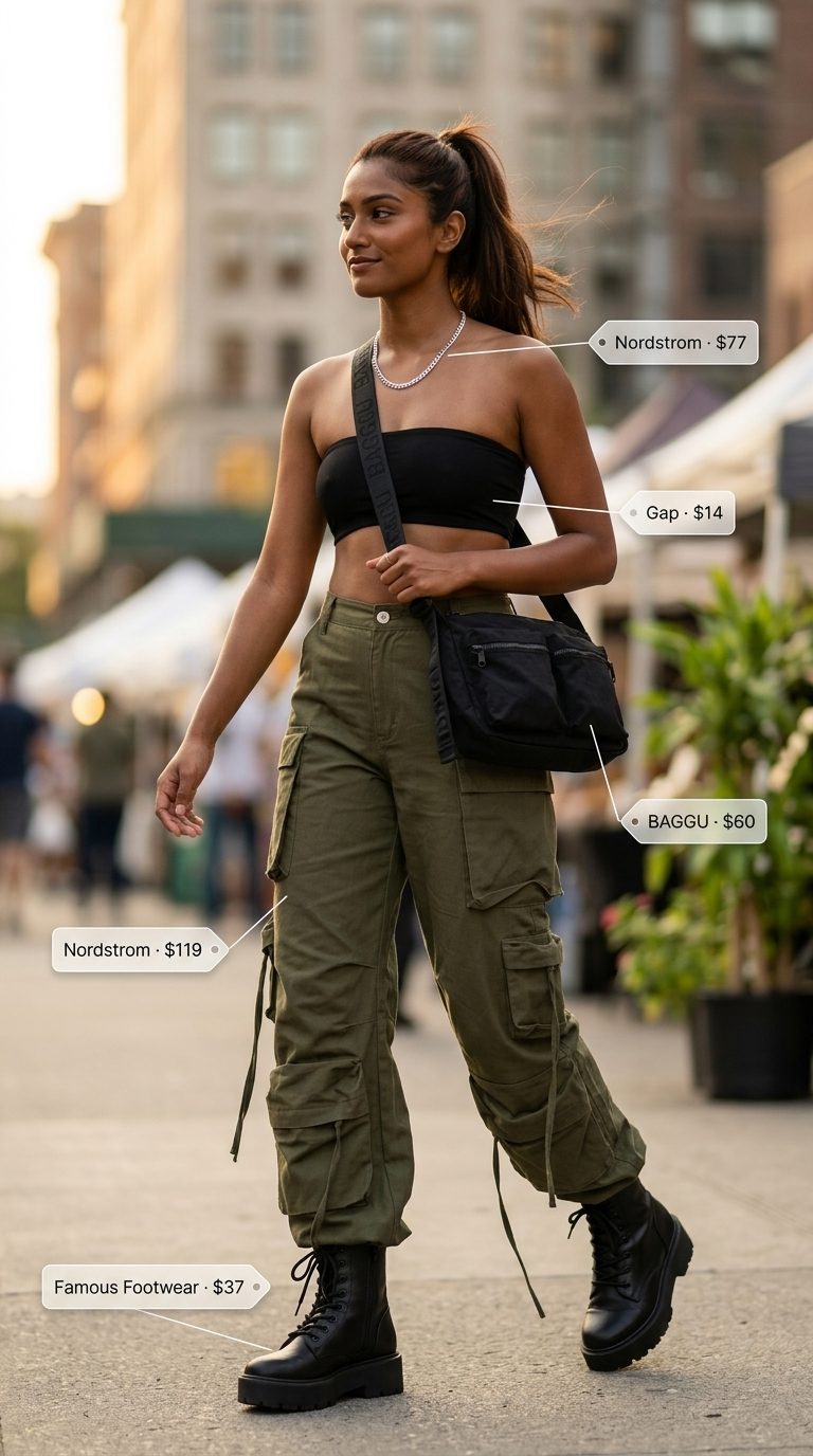 Edgy olive green cargo pants and black bandeau top for women 2026, with combat boots for urban exploration.
