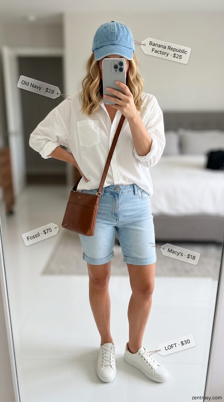 Casual white button-down shirt and denim shorts for women 2026, styled with a bandeau top underneath.