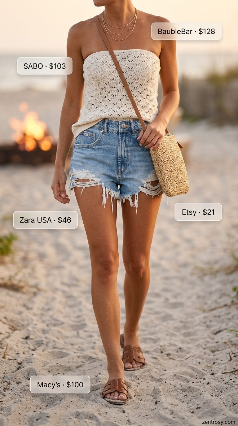 Boho beach bonfire outfit: cream crochet bandeau top, denim shorts, layered necklaces & straw bag. Summer Bandeau top for women 2026.