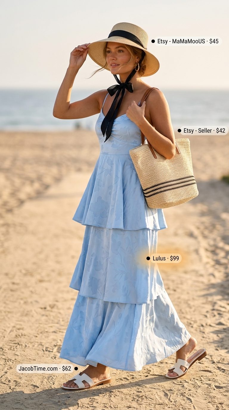 Bohemian beach dress: sky blue maxi dress, straw hat, straw tote & white slides. Summer Bandeau top for women 2026.