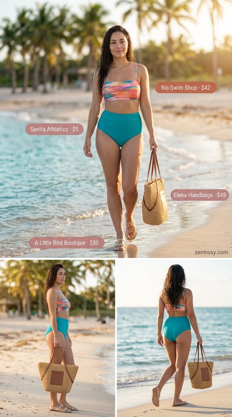 Poolside bandeau bikini top outfit 2026: Teal bandeau bikini with matching bottoms & straw tote.
