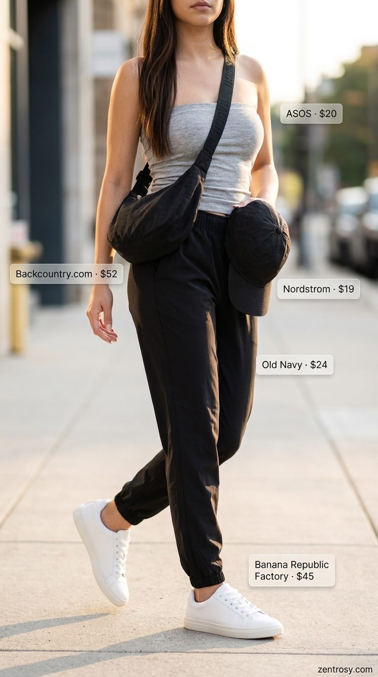 Sporty bandeau top outfit 2026: Grey bandeau with joggers & sneakers for athleisure errands.