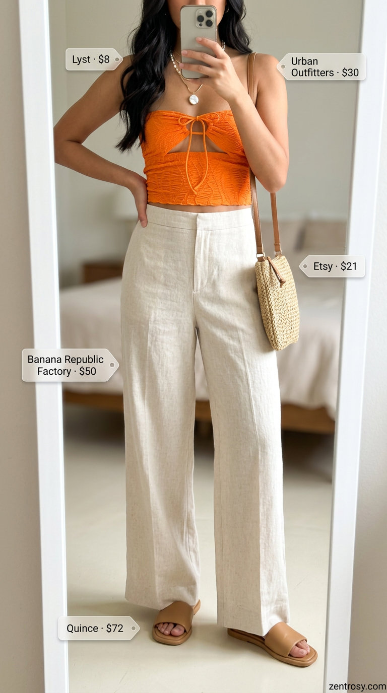 Sunset bandeau top outfit 2026: Orange bandeau with linen pants & straw bag for beachside dinner.