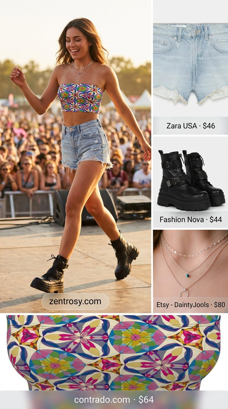 Festival bandeau top outfit 2026: Patterned bandeau with denim shorts & combat boots for music festivals.