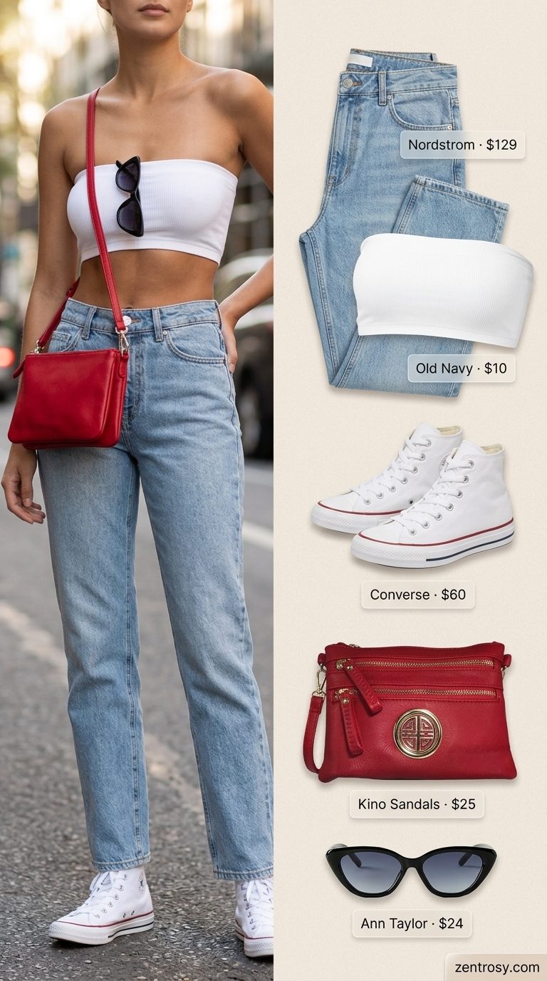 Retro bandeau top outfit 2026: White bandeau with high-waist jeans & red crossbody for casual day.