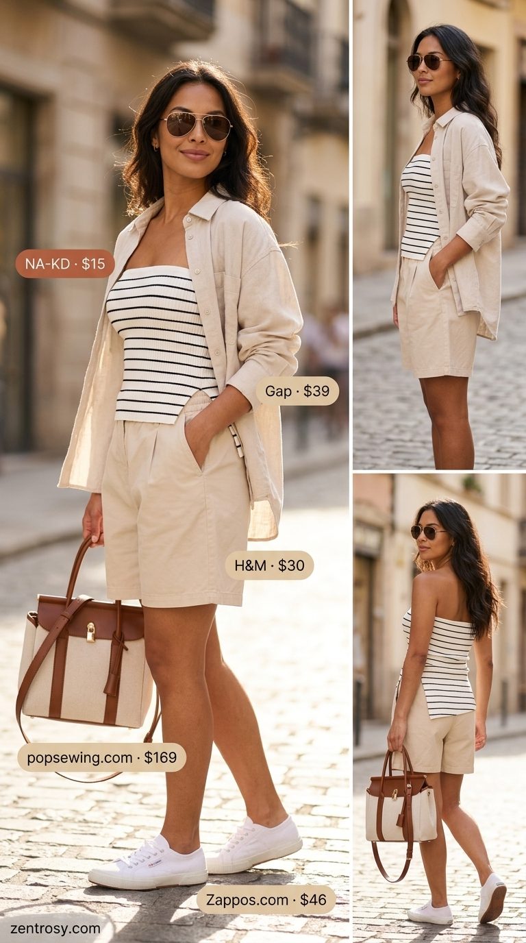 Casual summer bandeau top outfit 2026: Navy & white striped bandeau with beige shorts & linen shirt for brunch.