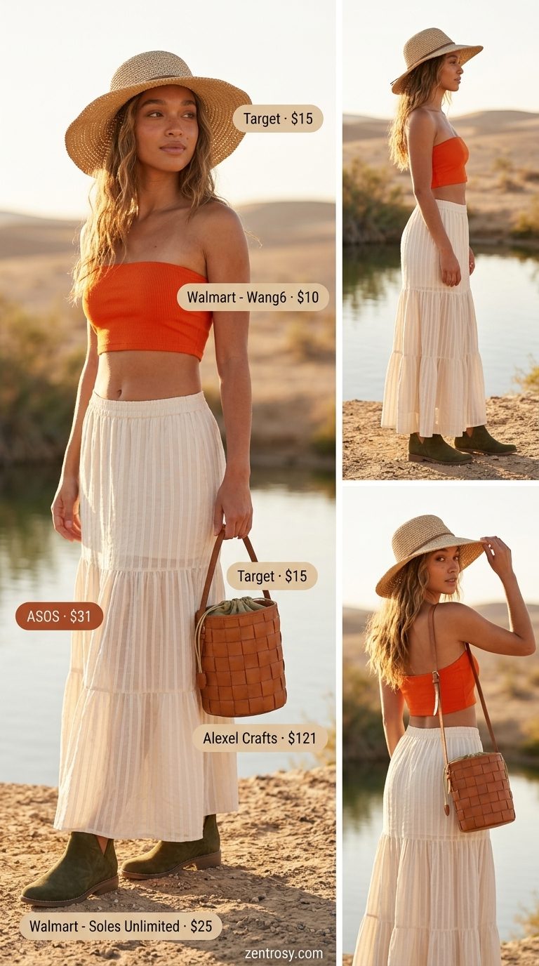 Desert bandeau top outfit 2026: Terracotta bandeau with maxi skirt & straw hat for vacation.