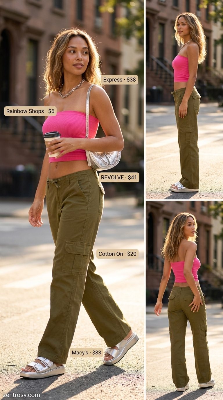 Y2K bandeau top outfit 2026: Hot pink bandeau with low-rise cargo pants & platform sandals for concerts.
