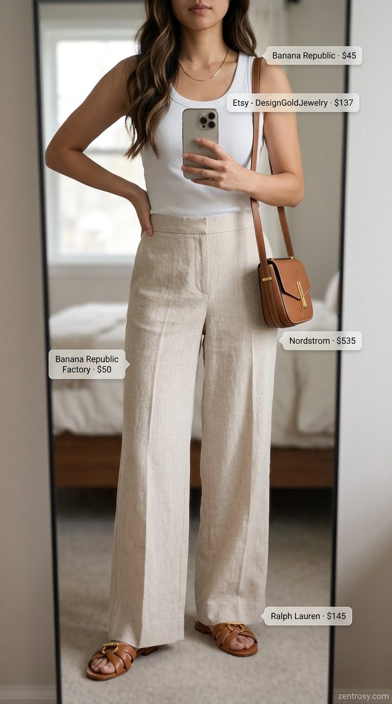 Natural beige linen pants outfit for women 2026, perfect for casual days and beachside lunch.