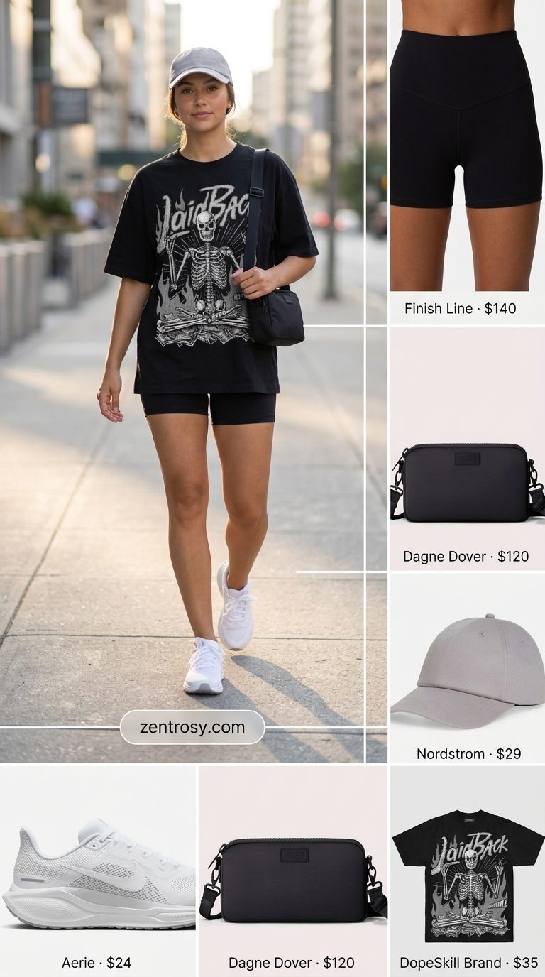 Summer basic essentials outfit for women 2026: Black bike shorts, graphic tee, crossbody bag, sneakers, cap.