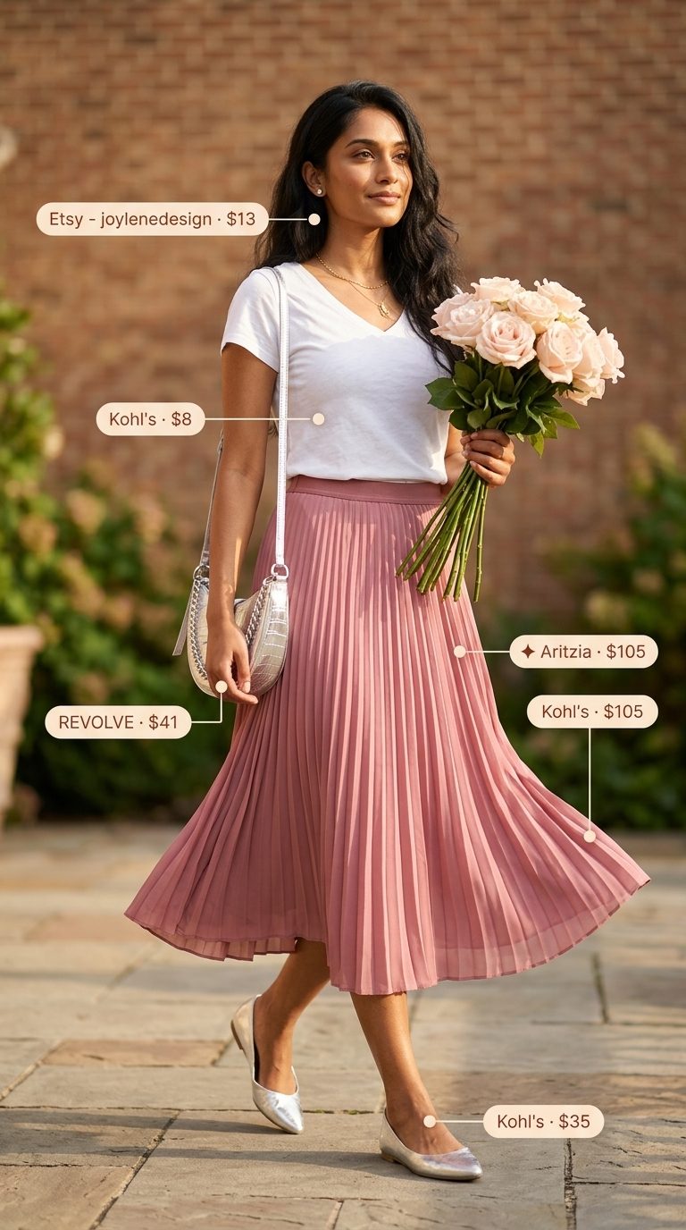 Blush pink satin midi skirt outfit for women 2026, ideal for daytime dates and brunch.