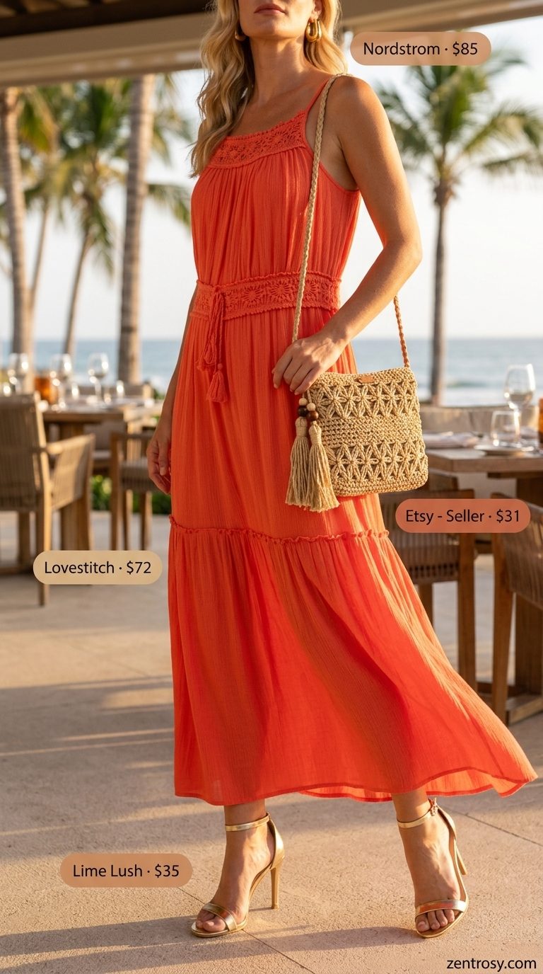 Warm coral maxi dress outfit for women 2026, elegant for evening events and vacations.