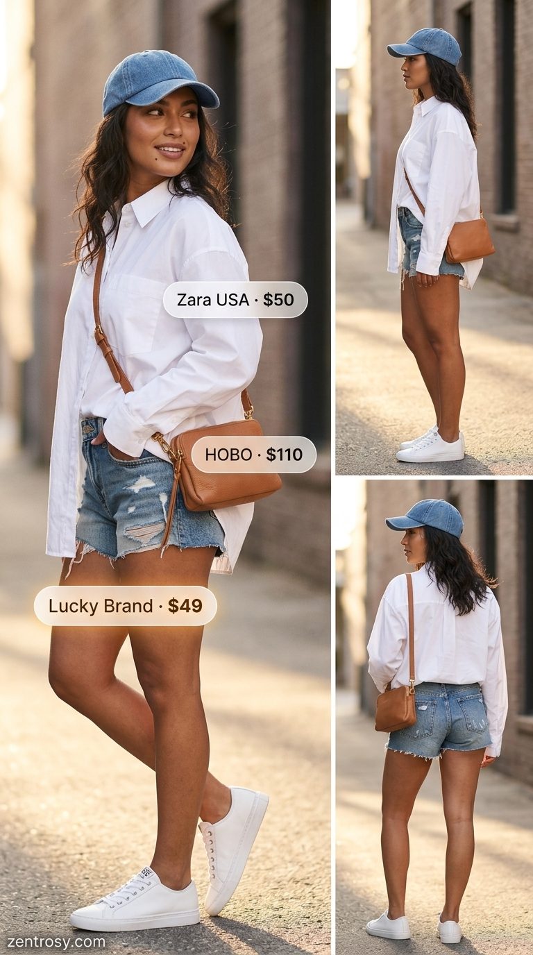 Summer basic essentials outfit for women 2026: Denim shorts, white shirt, baseball cap, belt bag, sneakers.