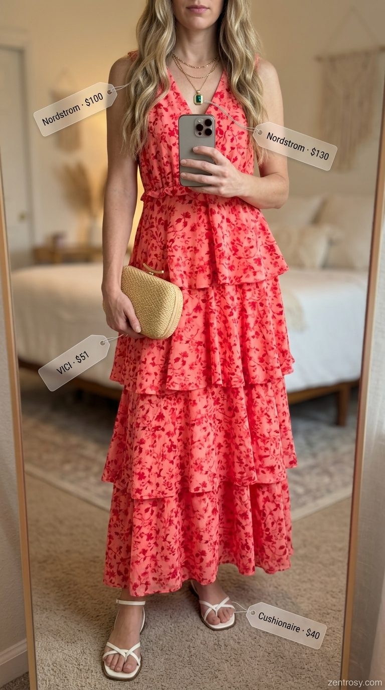 Summer basic essentials outfit for women 2026: Coral floral maxi dress, cream sandals, straw clutch, and layered gold necklaces.