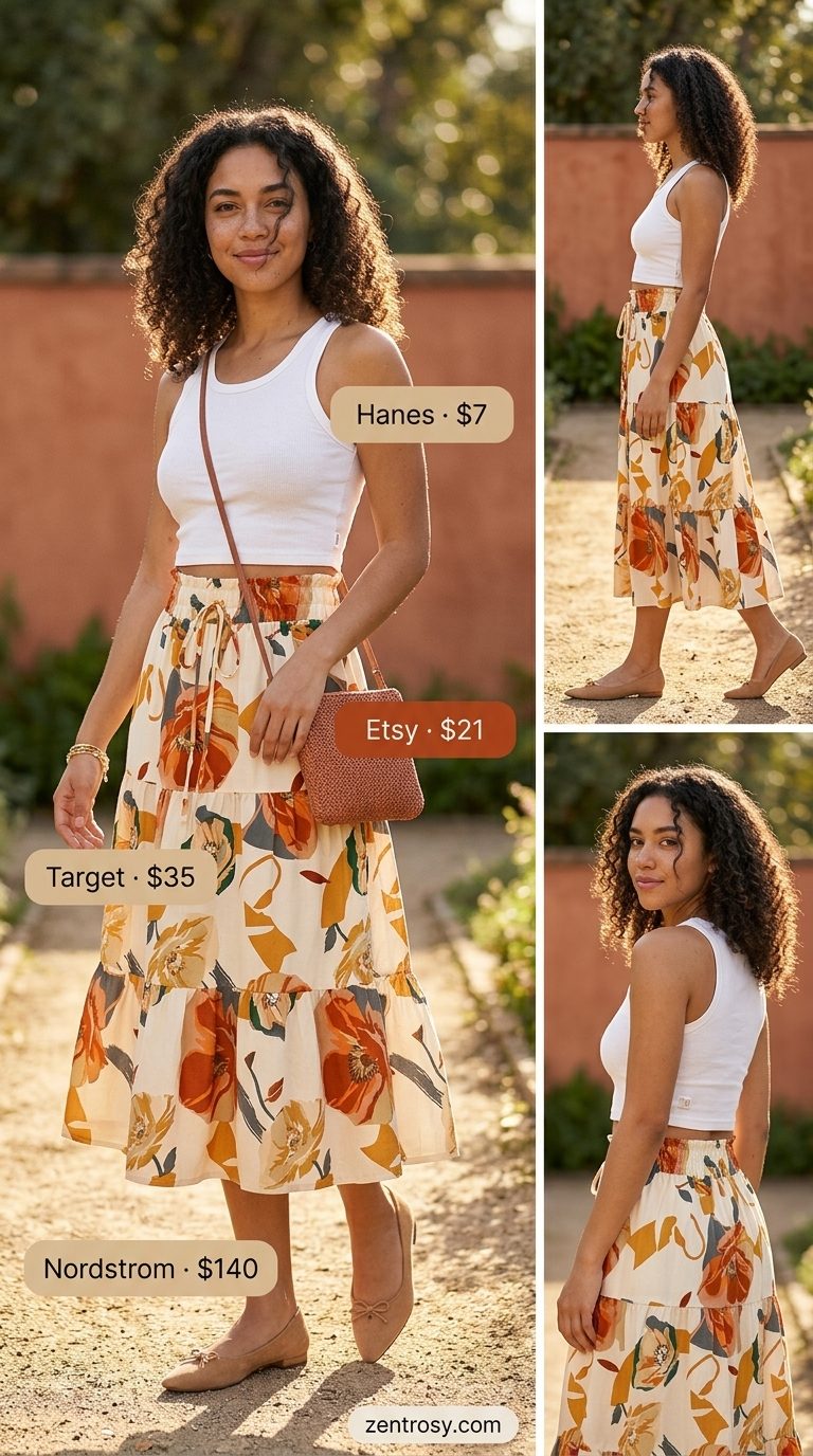 Summer basic essentials outfit for women 2026: Multicolor floral midi skirt, white crop top, tan ballet flats, and straw crossbody bag.