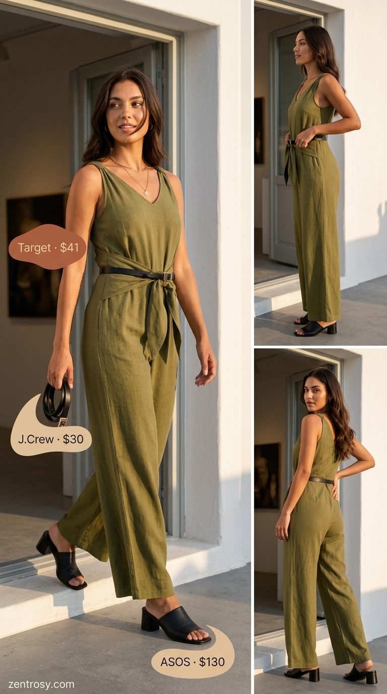 Summer basic essentials outfit for women 2026: Olive green linen jumpsuit, cream bag, black mules, belt.