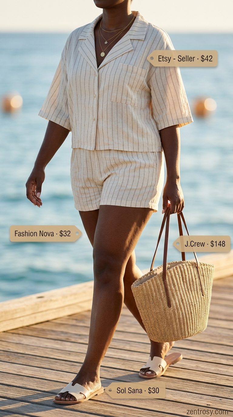 Summer basic essentials outfit for women 2026: Cream linen set, leather slides, straw tote, and layered gold necklaces.