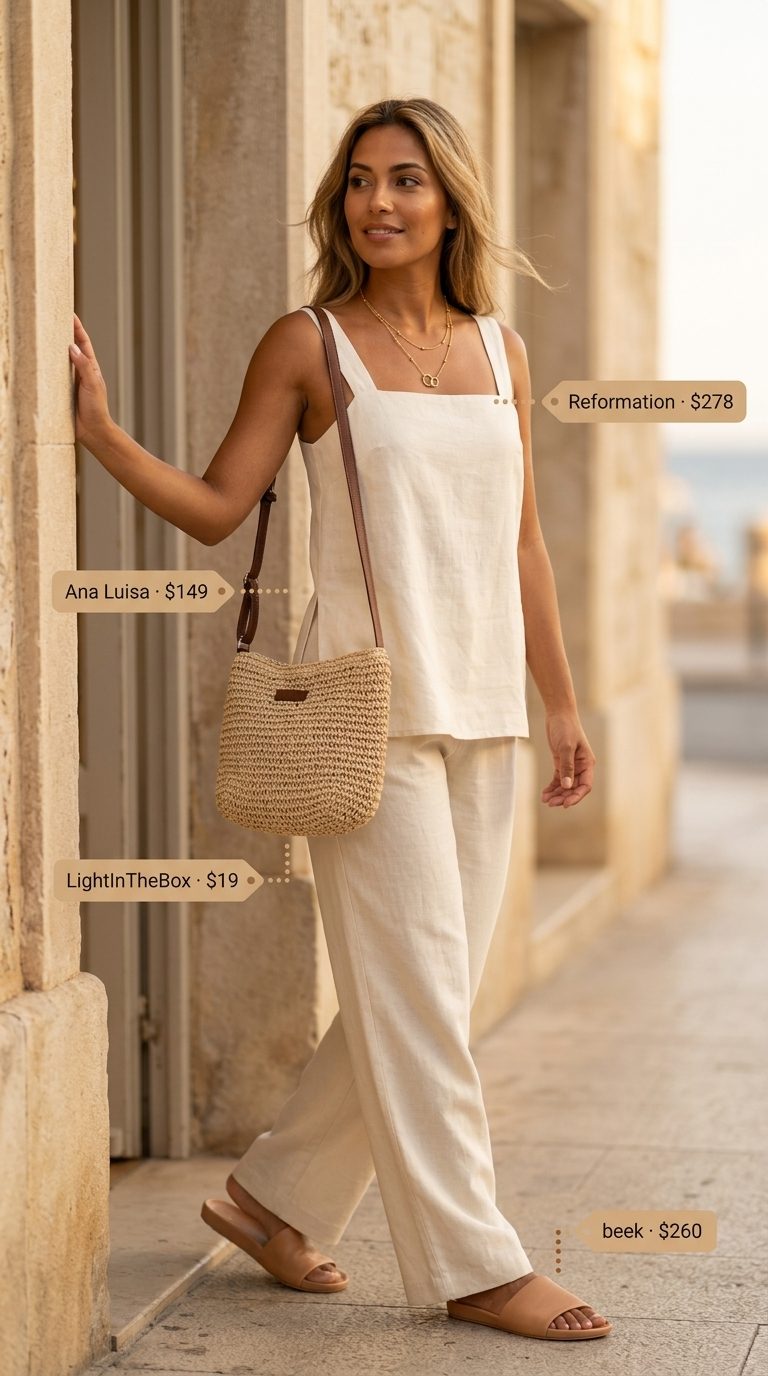 Summer basic essentials outfit for women 2026: Cream linen set, tan sandals, straw crossbody, and layered gold necklaces.