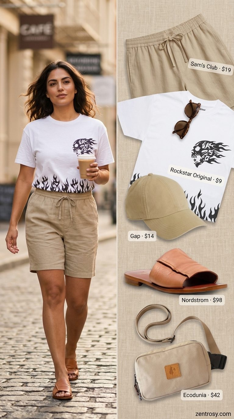 Summer basic essentials outfit for women 2026: Khaki linen shorts, graphic tee, canvas belt bag, and leather sliders.