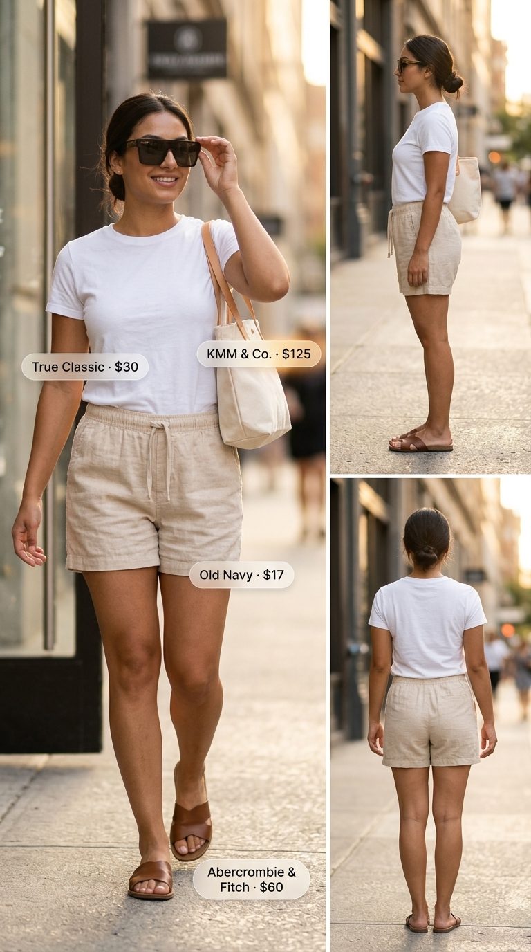 Summer basic essentials outfit for women 2026: White tee, beige linen shorts, black slides, sunglasses, tote.