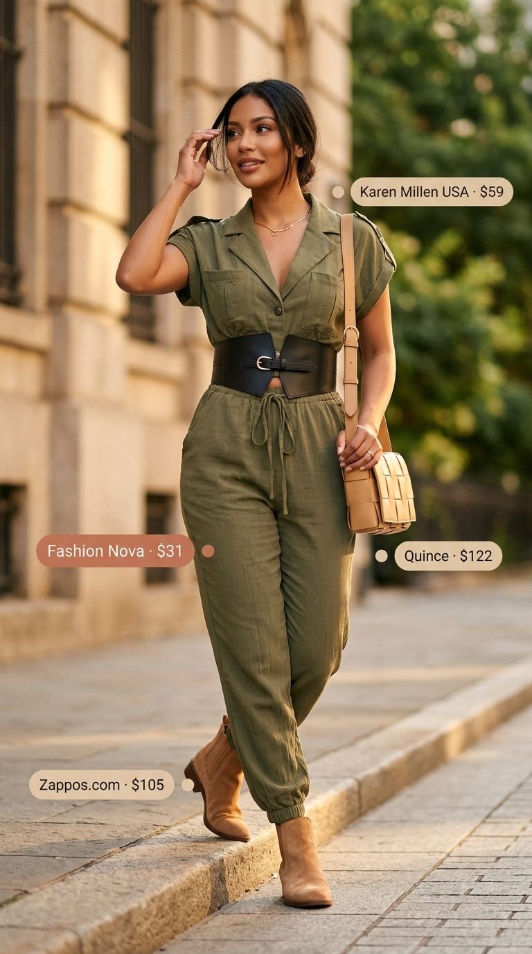 Olive green utility jumpsuit outfit for women 2026, ideal for active days and casual evenings.