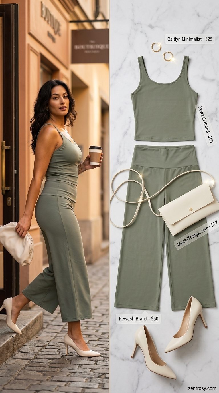 Summer basic essentials outfit for women 2026: Olive green matching set, cream mules, envelope clutch, and gold hoop earrings.