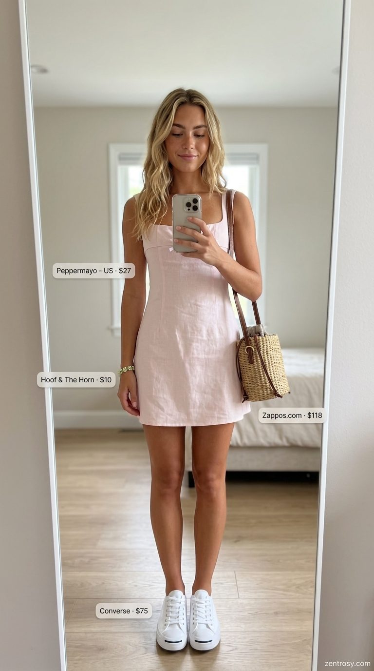 Summer basic essentials outfit for women 2026: Blush pink sundress, white sneakers, and straw basket bag for a picnic.