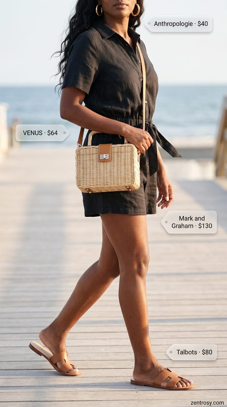 Summer basic essentials outfit for women 2026: Black romper, gold hoops, straw bag, tan slides.