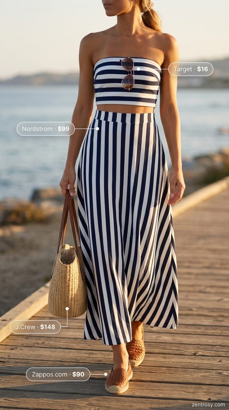 Summer basic essentials outfit for women 2026: Navy & white striped set, espadrilles, aviators, straw tote.