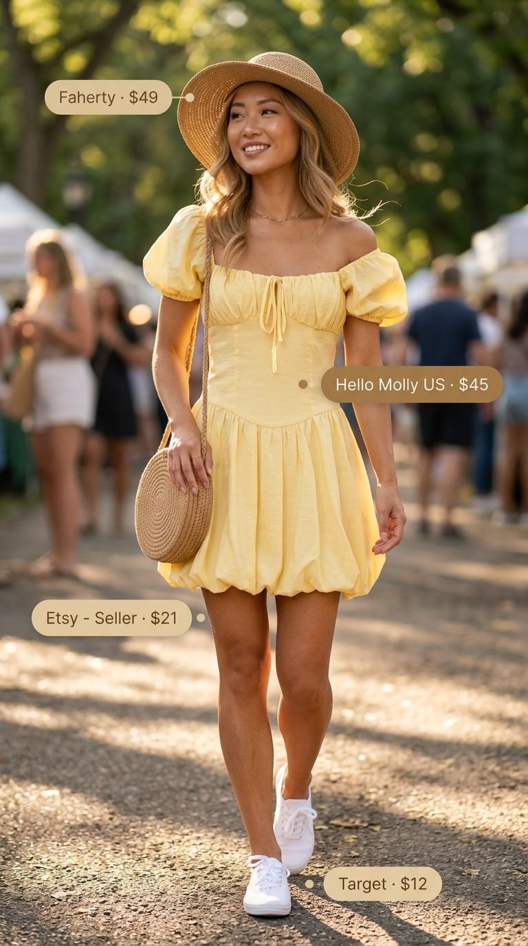Summer basic essentials outfit for women 2026: Lemon yellow sundress, straw bag, white sneakers, straw hat.