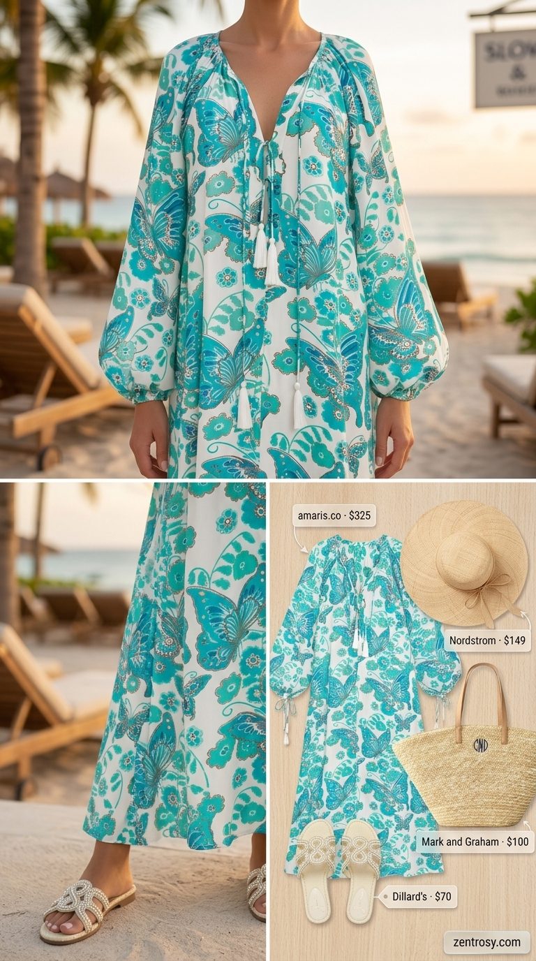 Summer basic essentials outfit for women 2026: Turquoise caftan, straw hat, embellished sandals, and oversized straw tote.
