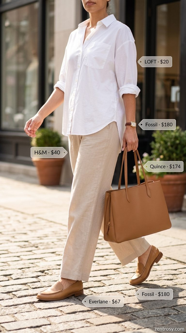 White button-down shirt and linen pants outfit for women 2026, ideal for travel and smart casual.