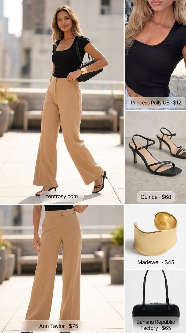 Summer basic essentials outfit for women 2026: Tan wide-leg pants, black knit top, heeled sandals, shoulder bag.