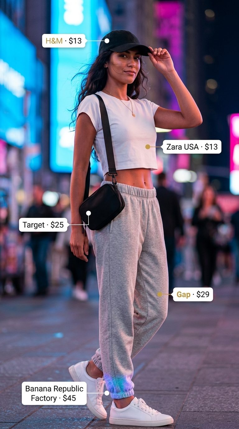 Athleisure Ease: Summer BBQ Party Outfit for Women 2026 Comfortable athleisure joggers, crop top, and sneakers for a casual summer BBQ party outfit for women 2026.