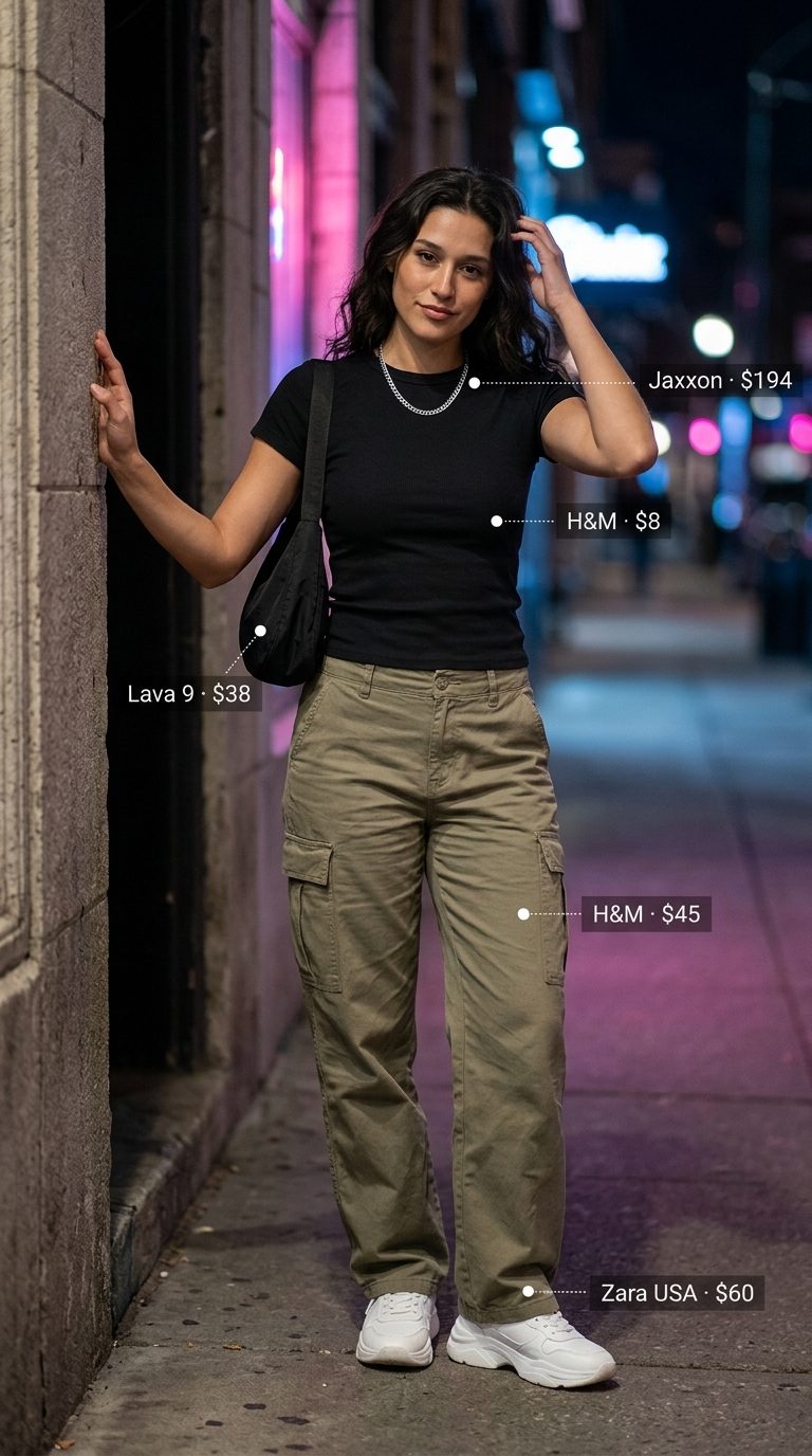 Cool Summer BBQ Party Outfit for Women 2026 Khaki cargo pants, white t-shirt, and chunky sneakers for a cool summer BBQ party outfit for women 2026.