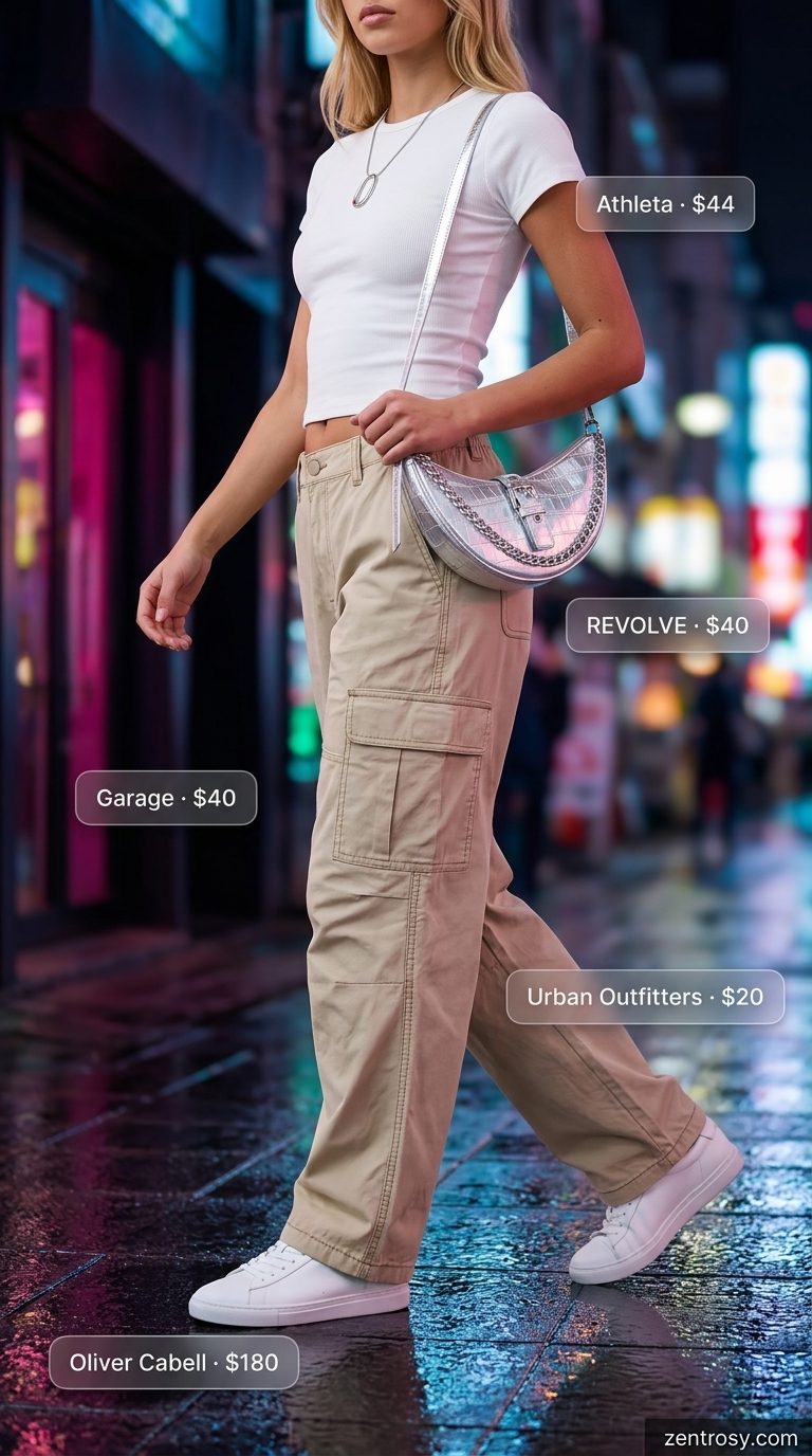Cargo Comfort: Summer BBQ Party Outfit for Women 2026 Trendy beige cargo pants with white crop top and silver accessories for a summer BBQ party outfit for women 2026.