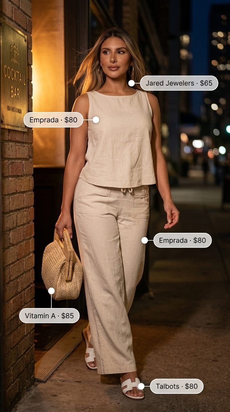 Chic Summer BBQ Party Outfit for Women 2026 Cream linen co-ord set, raffia tote, and white slides for a chic summer BBQ party outfit for women 2026.