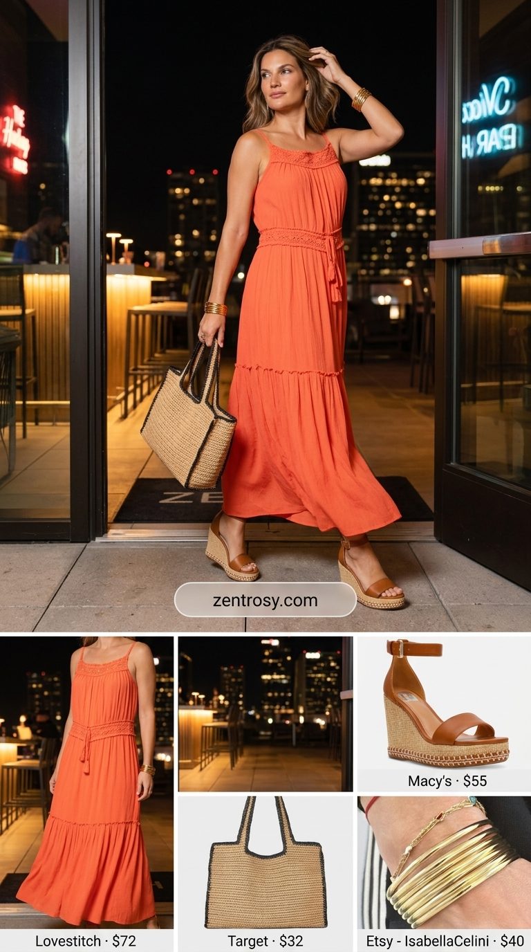 Summer BBQ Party Outfit 2026: Coral Maxi Dress Coral flowy maxi dress, straw tote, and espadrilles for a summer BBQ party outfit for women 2026.