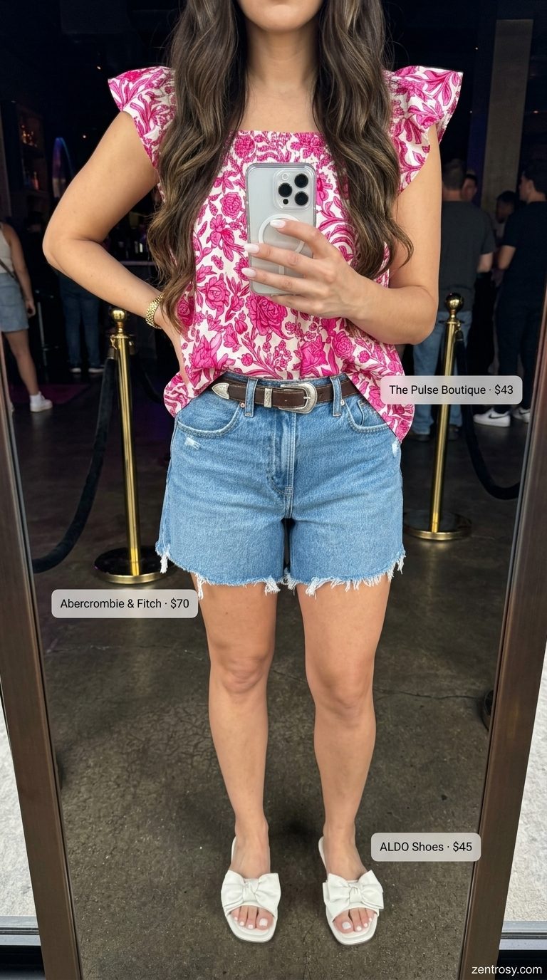 Summer BBQ Party Outfit 2026: Denim Shorts Denim shorts, floral peasant blouse, and slide sandals for a summer BBQ party outfit for women 2026.