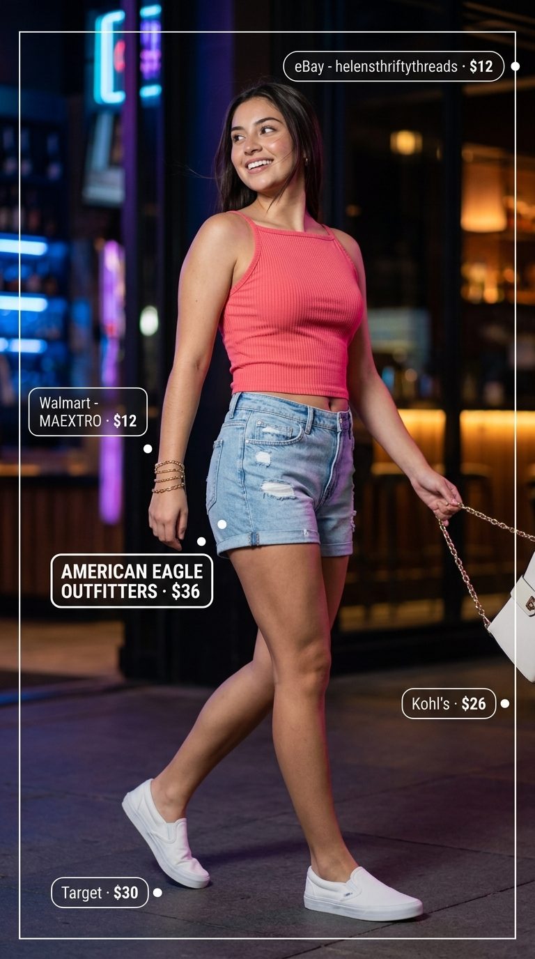 Denim Darling: Summer BBQ Party Outfit for Women 2026 Fun light wash denim shorts, coral knit tank, and white sneakers for a summer BBQ party outfit for women 2026.