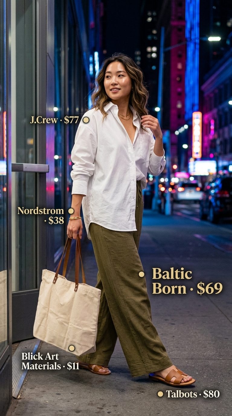 Effortless Summer BBQ Party Outfit for Women 2026 Olive linen pants, oversized white shirt, and tan slides for an effortless summer BBQ party outfit for women 2026.