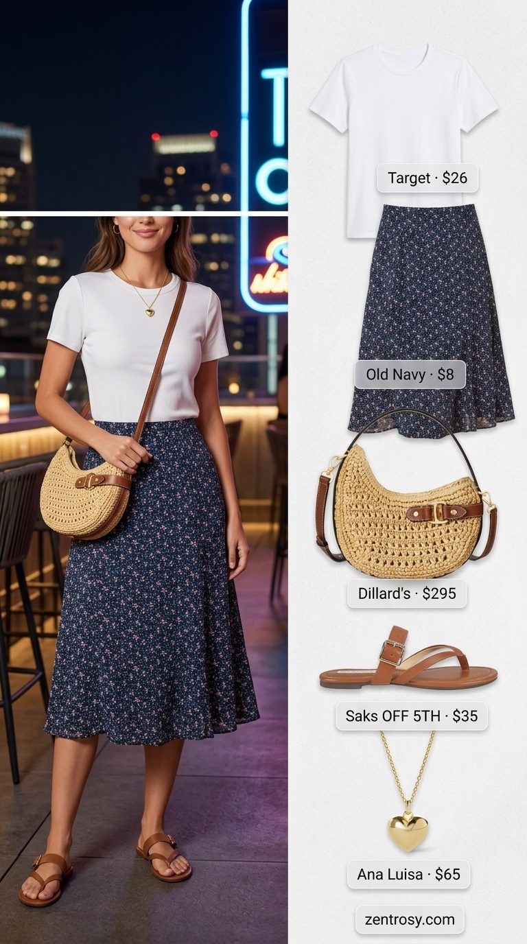 Summer BBQ Party Outfit 2026: Floral Midi Skirt Navy floral midi skirt, white tee, and leather sandals for a summer BBQ party outfit for women 2026.