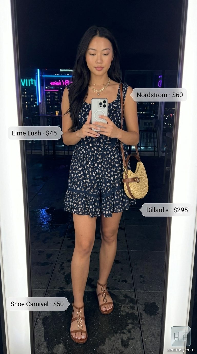 Summer BBQ Party Outfit 2026: Floral Romper Floral print romper, embellished sandals, and layered necklaces for a summer BBQ party outfit for women 2026.