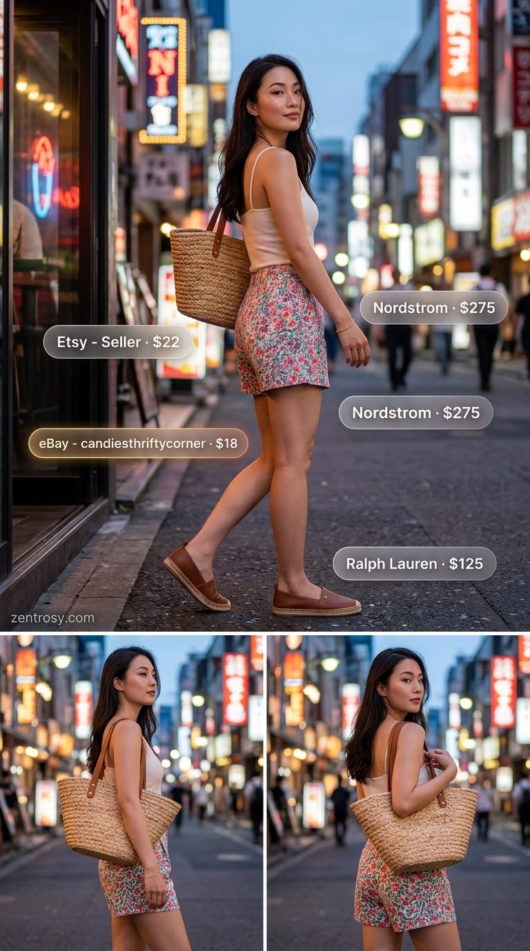 Summer BBQ Party Outfit 2026: Floral Shorts Floral print shorts, linen blouse, and straw tote for a summer BBQ party outfit for women 2026.
